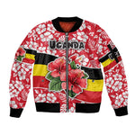 Uganda Sleeve Zip Bomber Jacket - Red Hibiscus Flowers and National Flag Design