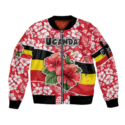 Uganda Sleeve Zip Bomber Jacket - Red Hibiscus Flowers and National Flag Design
