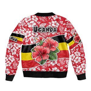 Uganda Sleeve Zip Bomber Jacket - Red Hibiscus Flowers and National Flag Design