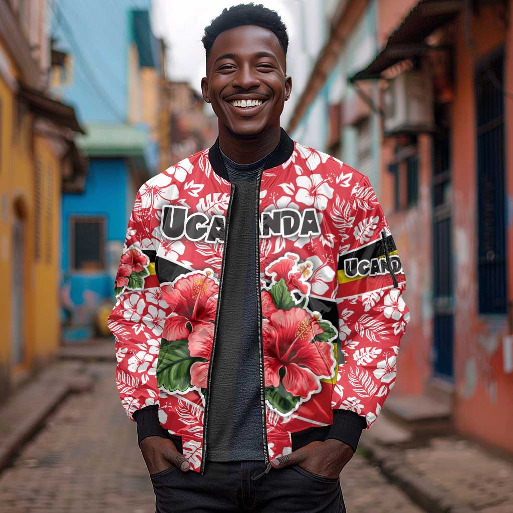 Uganda Sleeve Zip Bomber Jacket - Red Hibiscus Flowers and National Flag Design