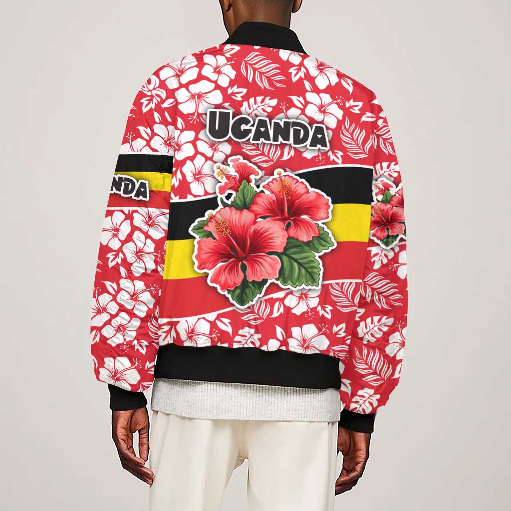 Uganda Sleeve Zip Bomber Jacket - Red Hibiscus Flowers and National Flag Design