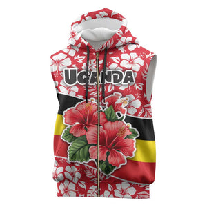 Uganda Sleeveless Zip Hoodie - Red Hibiscus Flowers and National Flag Design - African Pride