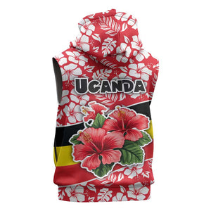 Uganda Sleeveless Zip Hoodie - Red Hibiscus Flowers and National Flag Design - African Pride