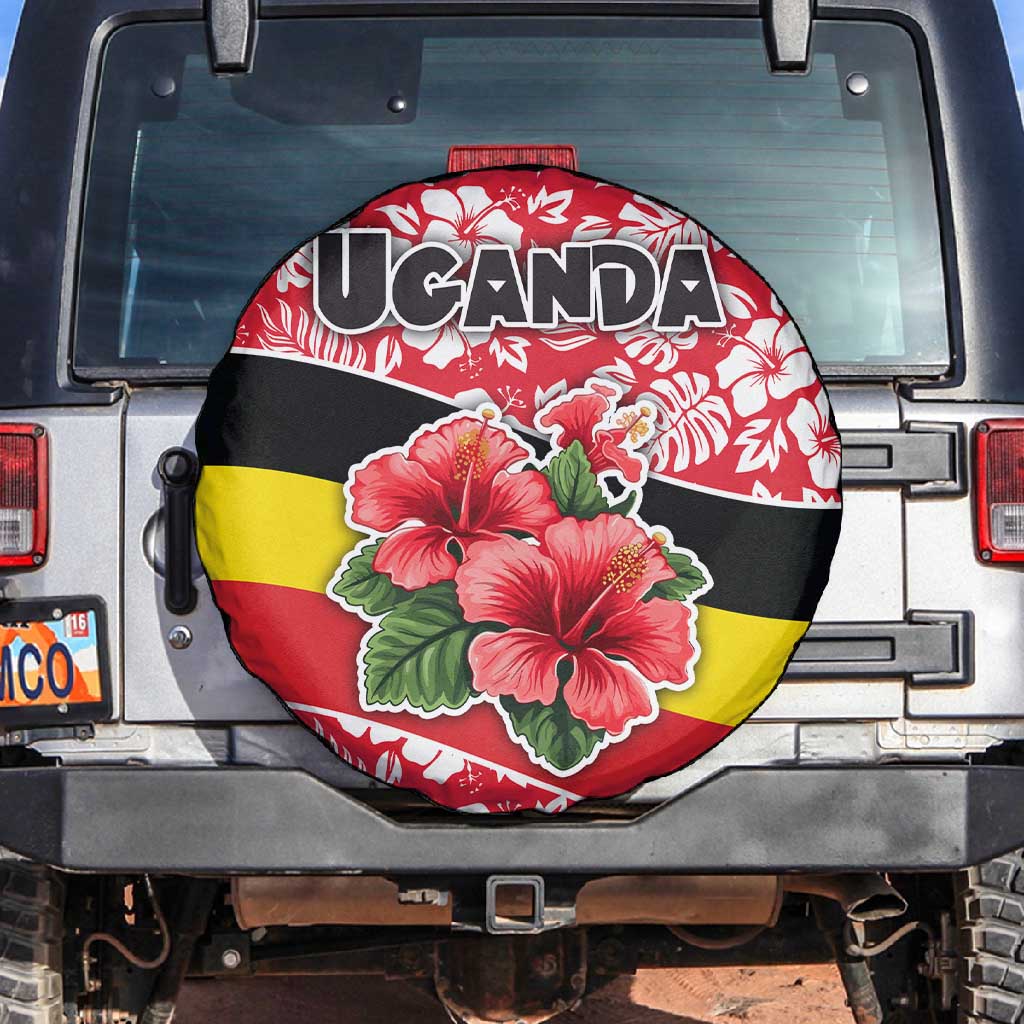 Uganda Spare Tire Cover - Red Hibiscus Flowers and National Flag Design