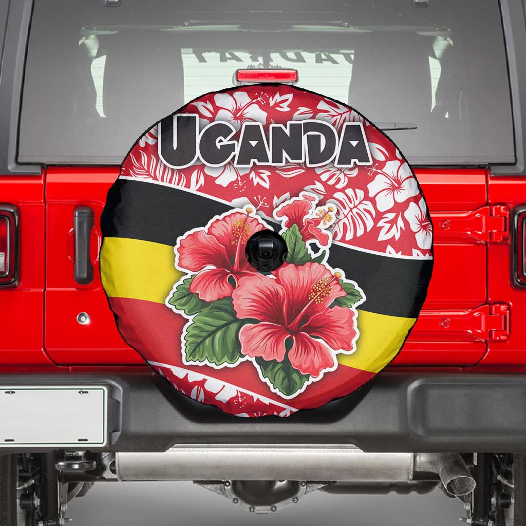 Uganda Spare Tire Cover - Red Hibiscus Flowers and National Flag Design