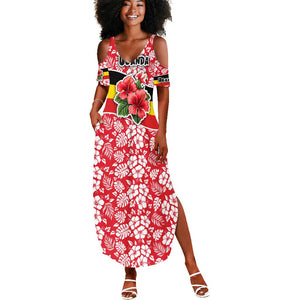 Uganda Summer Maxi Dress - Red Hibiscus Flowers and National Flag Design