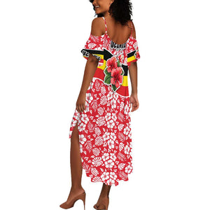Uganda Summer Maxi Dress - Red Hibiscus Flowers and National Flag Design