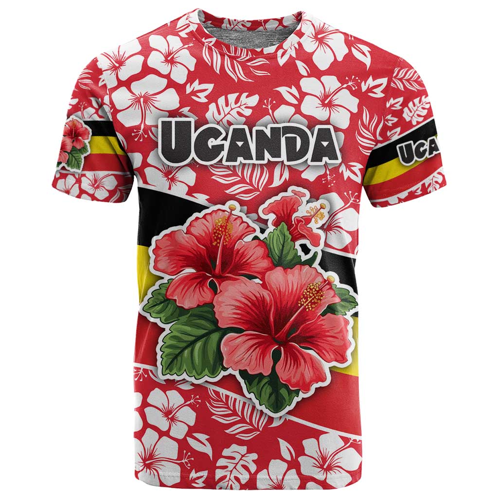 Uganda T shirt - Red Hibiscus Flowers and National Flag Design