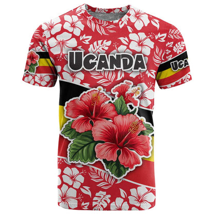 Uganda T shirt - Red Hibiscus Flowers and National Flag Design