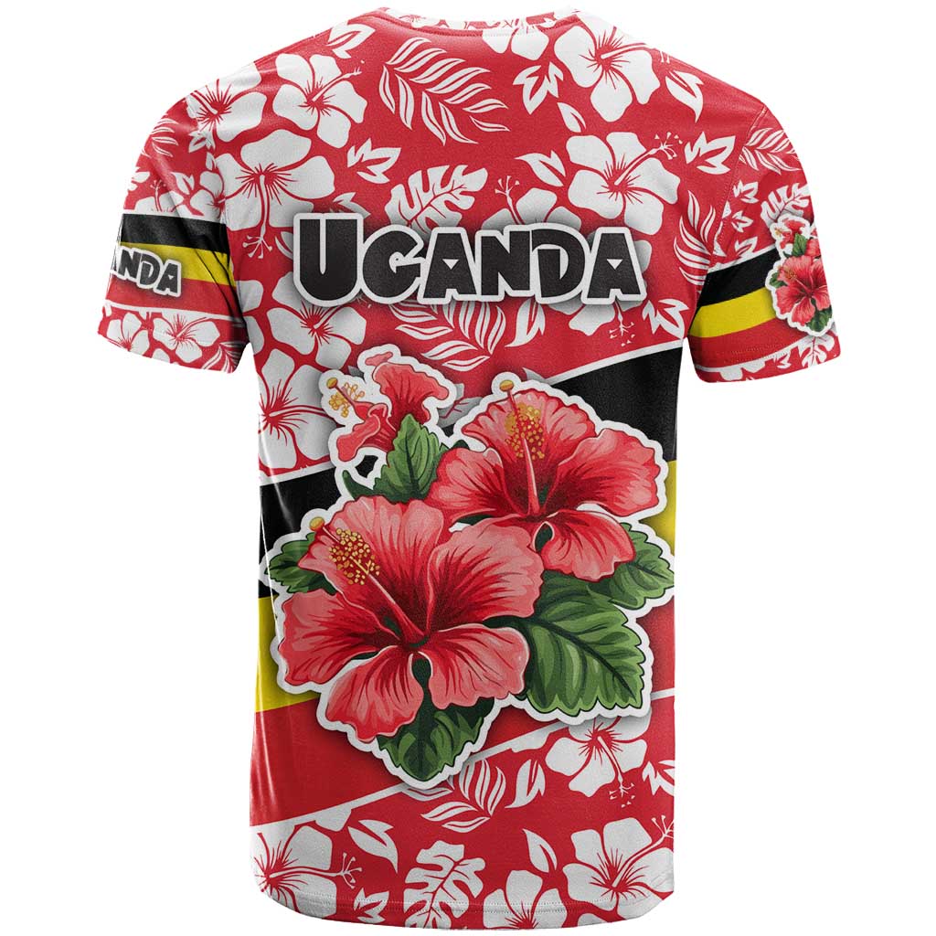 Uganda T shirt - Red Hibiscus Flowers and National Flag Design
