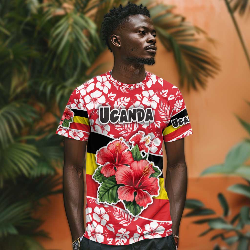 Uganda T shirt - Red Hibiscus Flowers and National Flag Design