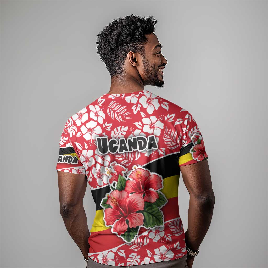 Uganda T shirt - Red Hibiscus Flowers and National Flag Design