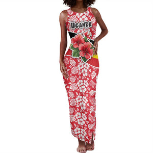Uganda Tank Maxi Dress - Red Hibiscus Flowers and National Flag Design