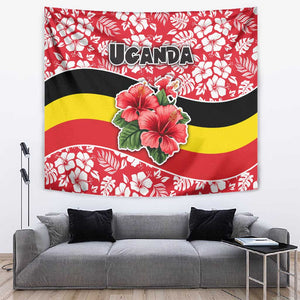 Uganda Tapestry - Red Hibiscus Flowers and National Flag Design
