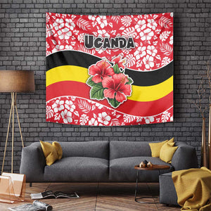 Uganda Tapestry - Red Hibiscus Flowers and National Flag Design