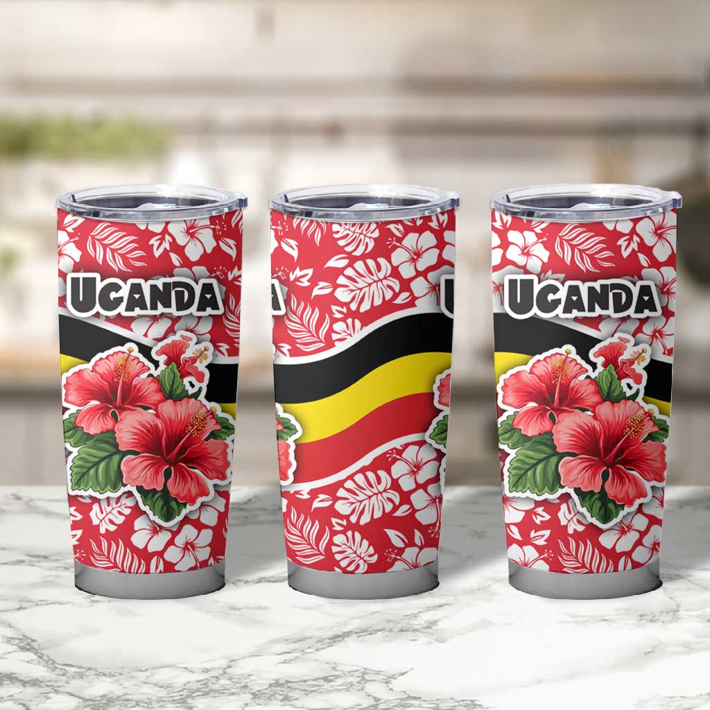 Uganda Tumbler Cup - Red Hibiscus Flowers and National Flag Design