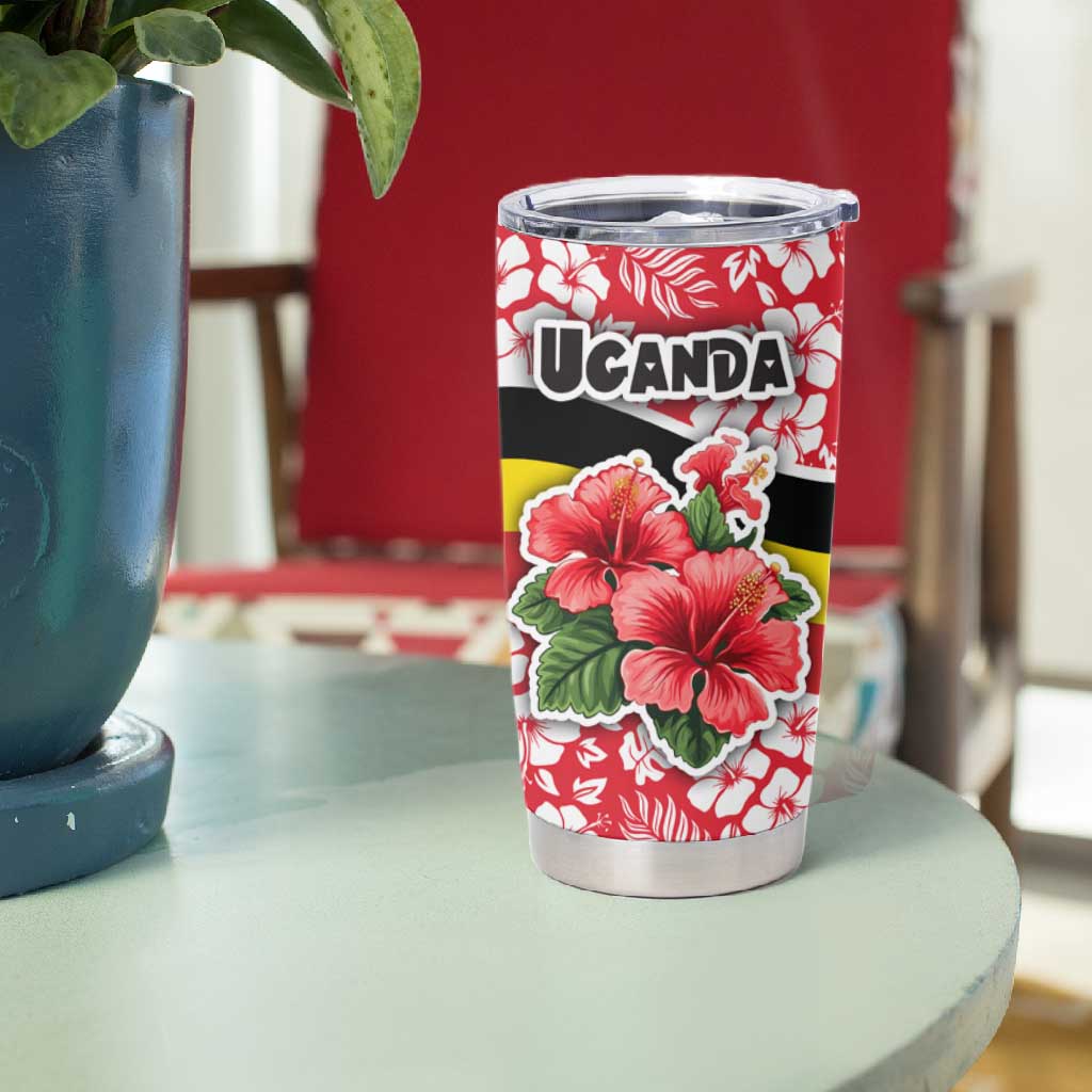 Uganda Tumbler Cup - Red Hibiscus Flowers and National Flag Design