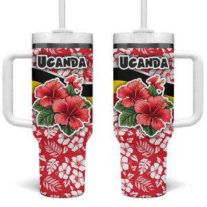 Uganda Tumbler With Handle - Red Hibiscus Flowers and National Flag Design