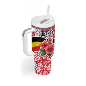 Uganda Tumbler With Handle - Red Hibiscus Flowers and National Flag Design