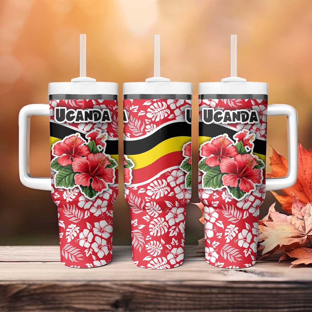 Uganda Tumbler With Handle - Red Hibiscus Flowers and National Flag Design