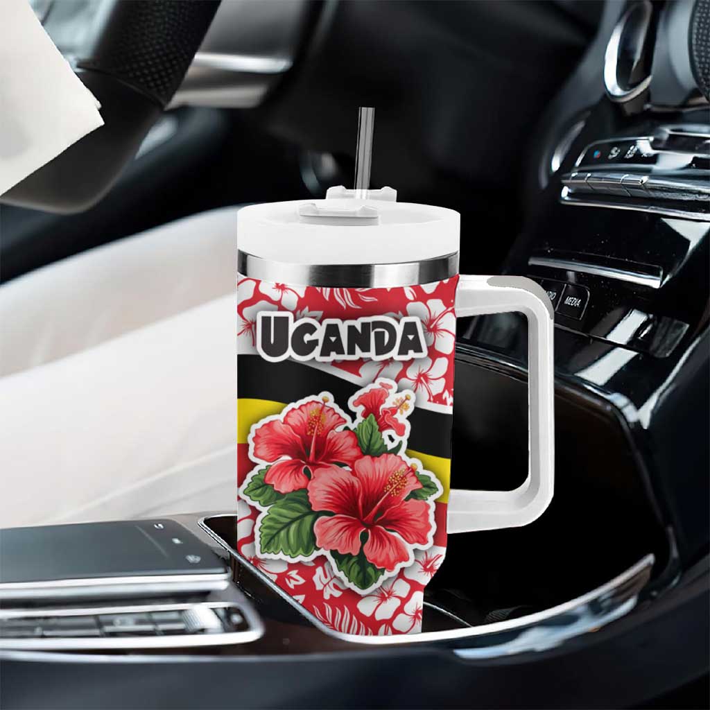 Uganda Tumbler With Handle - Red Hibiscus Flowers and National Flag Design