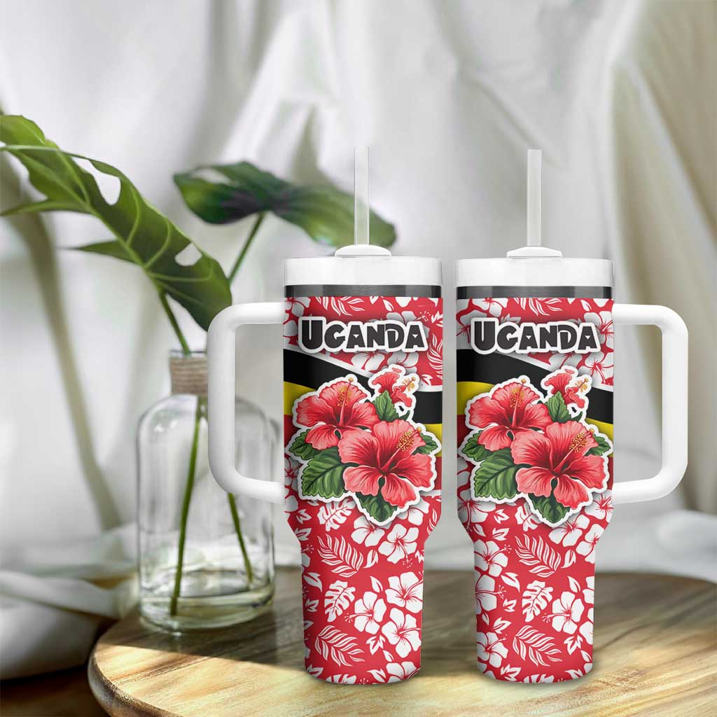 Uganda Tumbler With Handle - Red Hibiscus Flowers and National Flag Design