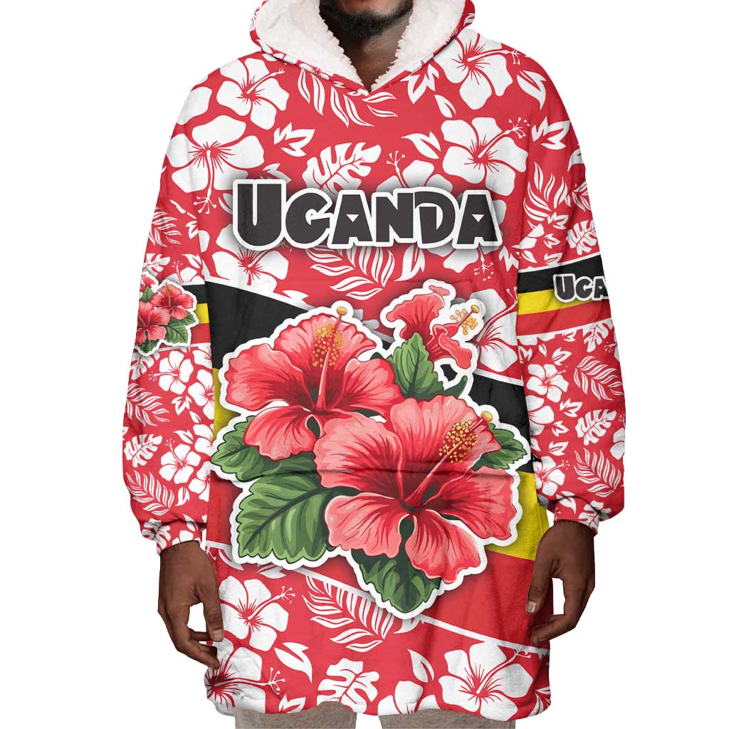 Uganda Wearable Blanket Hoodie - Red Hibiscus Flowers and National Flag Design