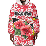 Uganda Wearable Blanket Hoodie - Red Hibiscus Flowers and National Flag Design