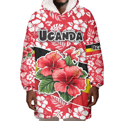 Uganda Wearable Blanket Hoodie - Red Hibiscus Flowers and National Flag Design