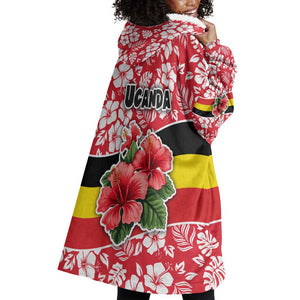 Uganda Wearable Blanket Hoodie - Red Hibiscus Flowers and National Flag Design