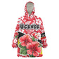 Uganda Wearable Blanket Hoodie - Red Hibiscus Flowers and National Flag Design