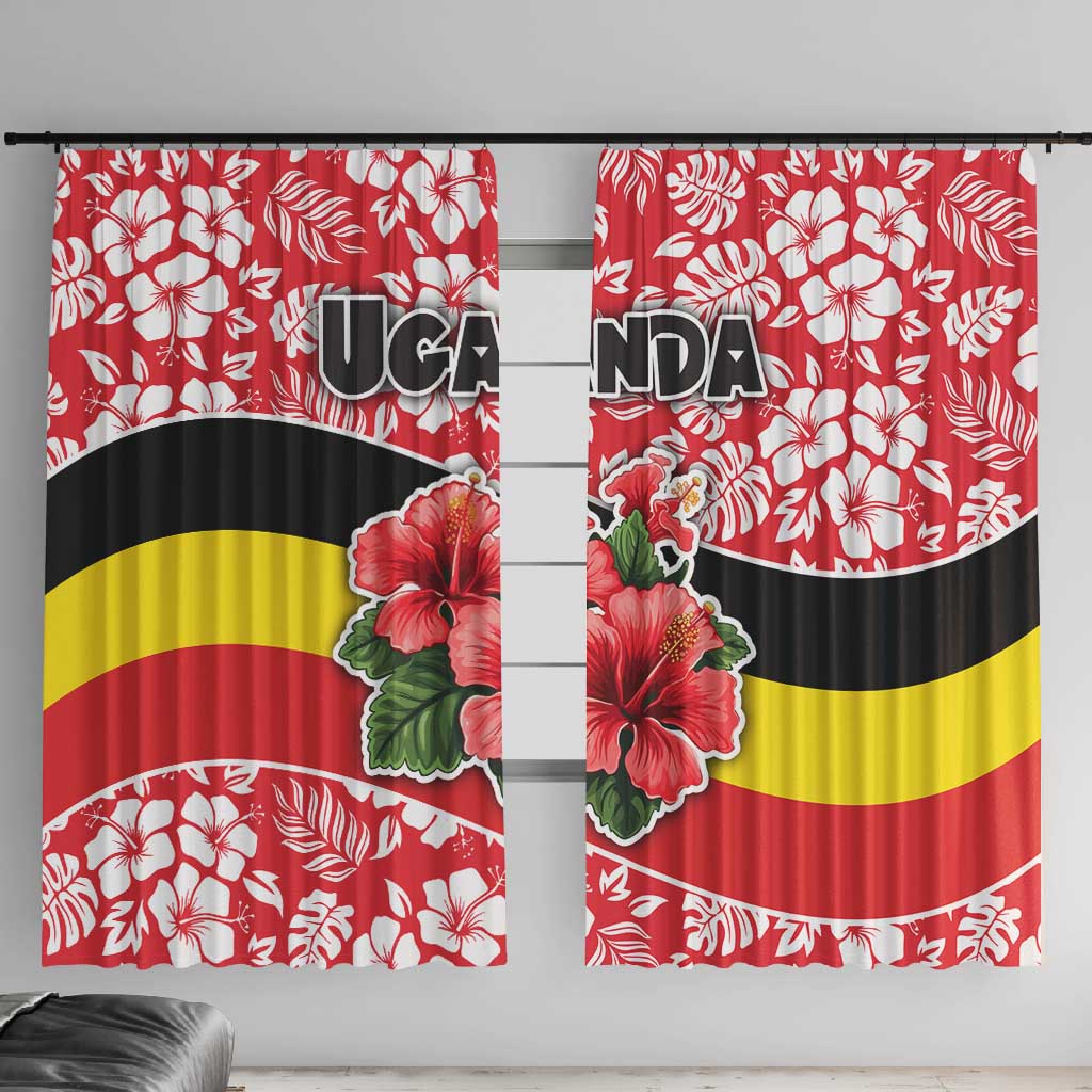 Uganda Window Curtain - Red Hibiscus Flowers and National Flag Design