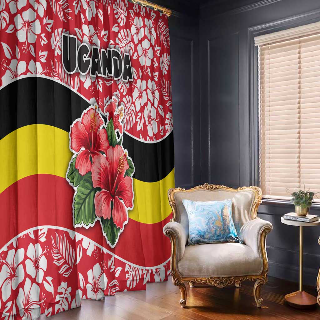 Uganda Window Curtain - Red Hibiscus Flowers and National Flag Design