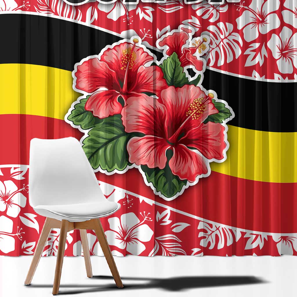 Uganda Window Curtain - Red Hibiscus Flowers and National Flag Design