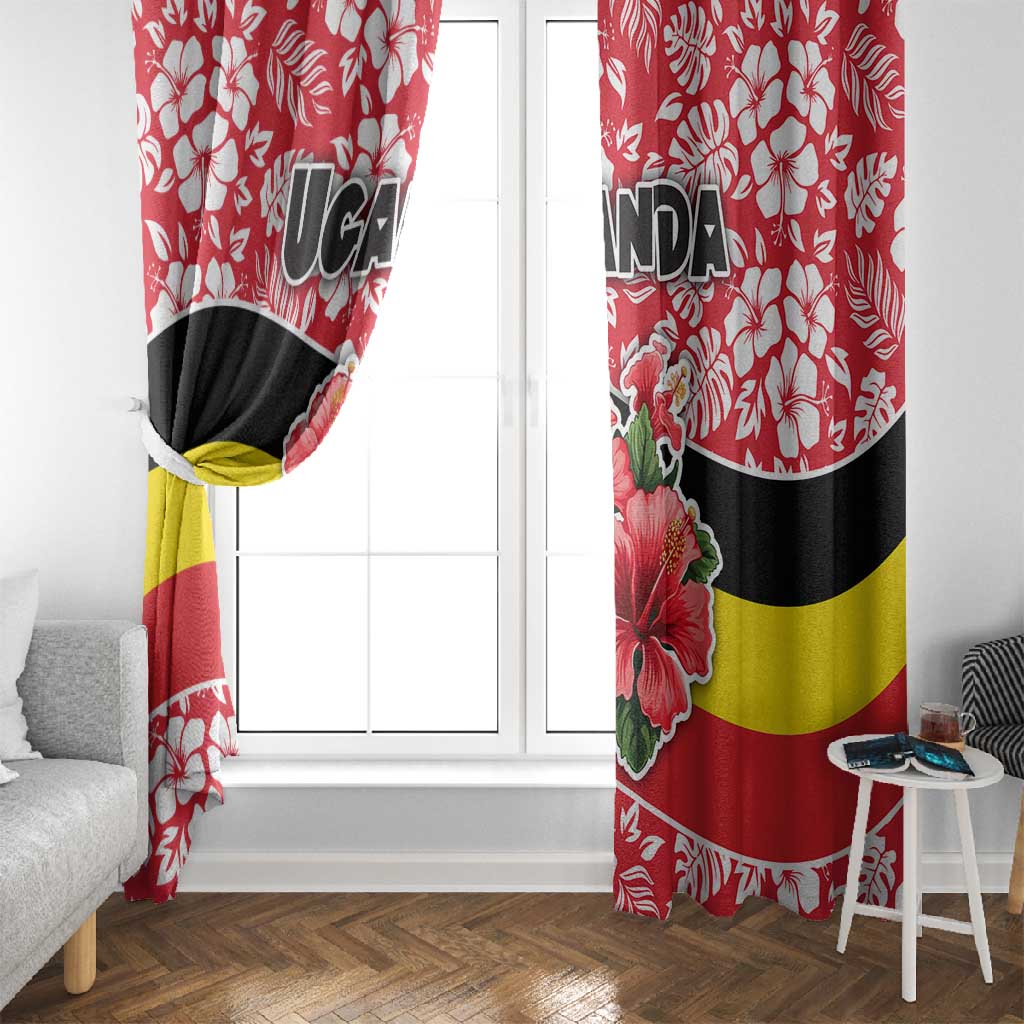 Uganda Window Curtain - Red Hibiscus Flowers and National Flag Design