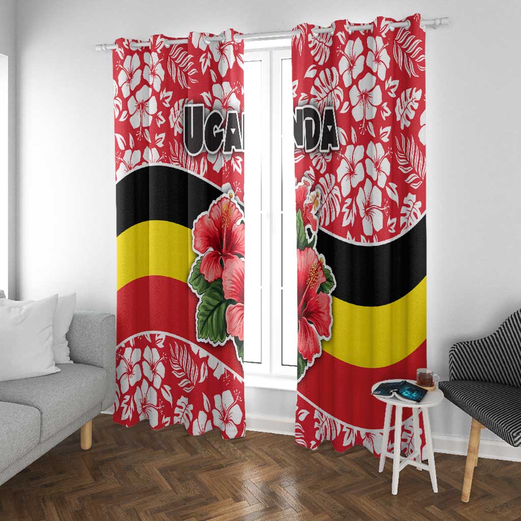 Uganda Window Curtain - Red Hibiscus Flowers and National Flag Design