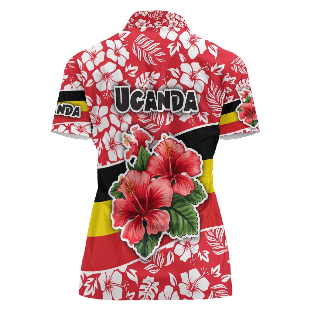 Uganda Women Polo Shirt - Red Hibiscus Flowers and National Flag Design
