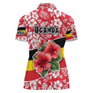 Uganda Women Polo Shirt - Red Hibiscus Flowers and National Flag Design