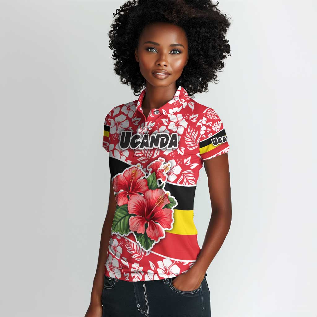 Uganda Women Polo Shirt - Red Hibiscus Flowers and National Flag Design