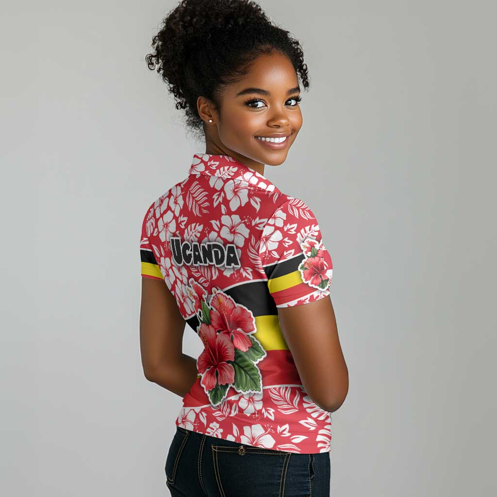 Uganda Women Polo Shirt - Red Hibiscus Flowers and National Flag Design