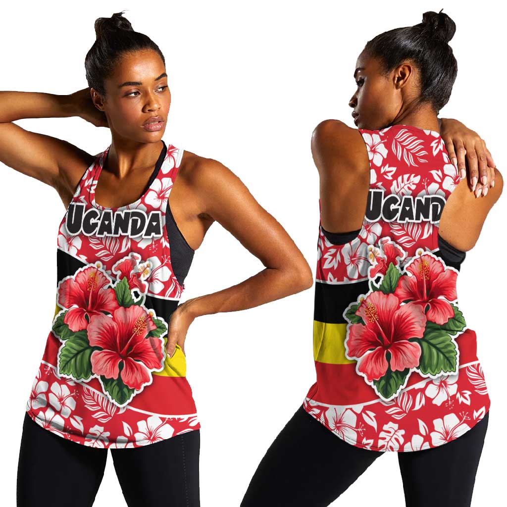 Uganda Women Racerback Tank - Red Hibiscus Flowers and National Flag Design