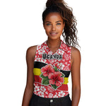 Uganda Women Sleeveless Polo Shirt - Red Hibiscus Flowers and National Flag Design