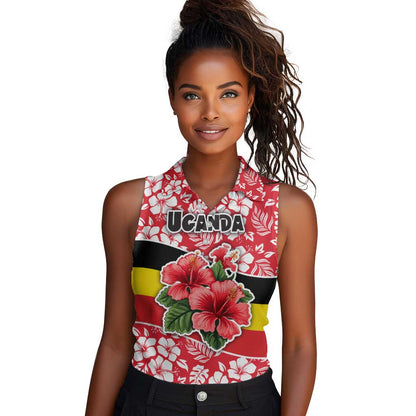 Uganda Women Sleeveless Polo Shirt - Red Hibiscus Flowers and National Flag Design