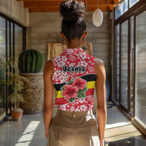 Uganda Women Sleeveless Polo Shirt - Red Hibiscus Flowers and National Flag Design