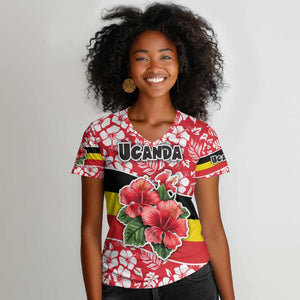 Uganda Women V-Neck T-Shirt - Red Hibiscus Flowers and National Flag Design
