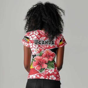 Uganda Women V-Neck T-Shirt - Red Hibiscus Flowers and National Flag Design