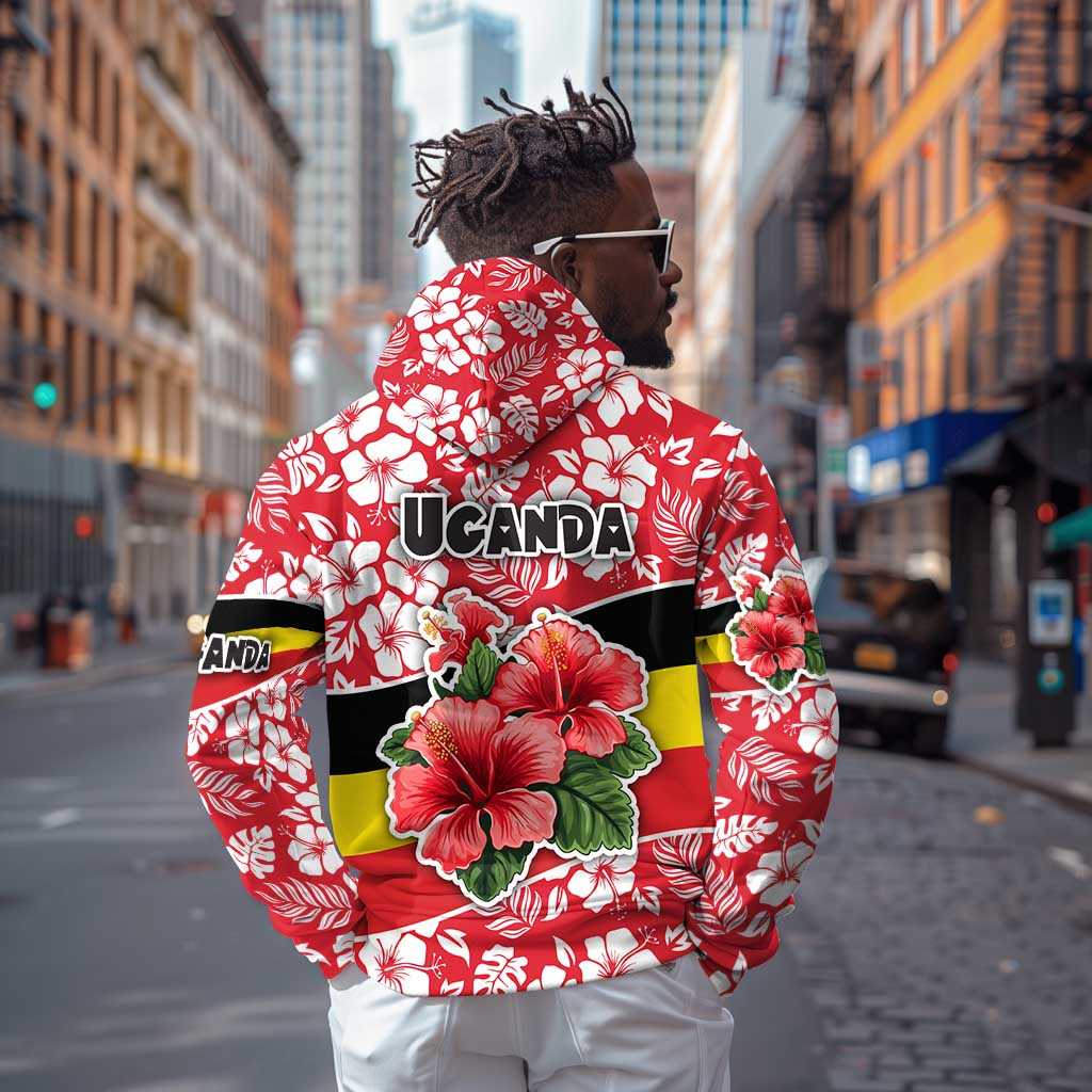 Uganda Zip Hoodie - Red Hibiscus Flowers and National Flag Design