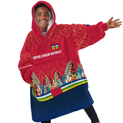 Central African Republic Kid Wearable Blanket Hoodie Red Blue Green Tribal Design - African Pride
