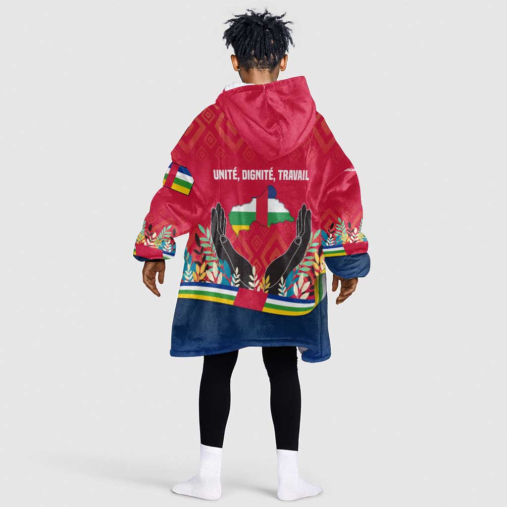 Central African Republic Kid Wearable Blanket Hoodie Red Blue Green Tribal Design - African Pride