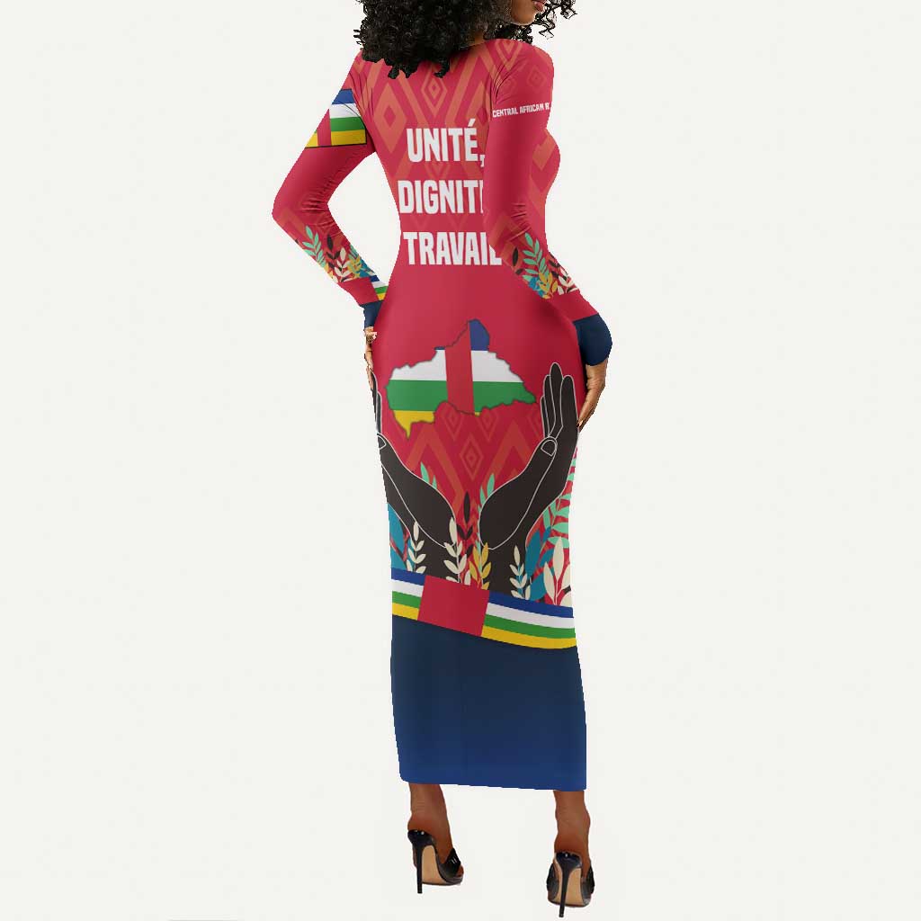 Central African Republic Long Sleeve Bodycon Dress Red Blue Green Tribal Design - African Pride